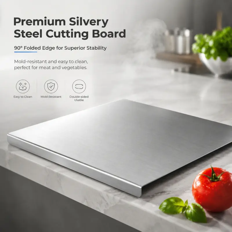Premium Silvery Steel Cutting Board, Chopping Board, Kitchen Cutting Board with 90 Folded Edge, Double-Sided, Mold-Resistant & Easy to Clean, Durable for Meat and Vegetable Prep