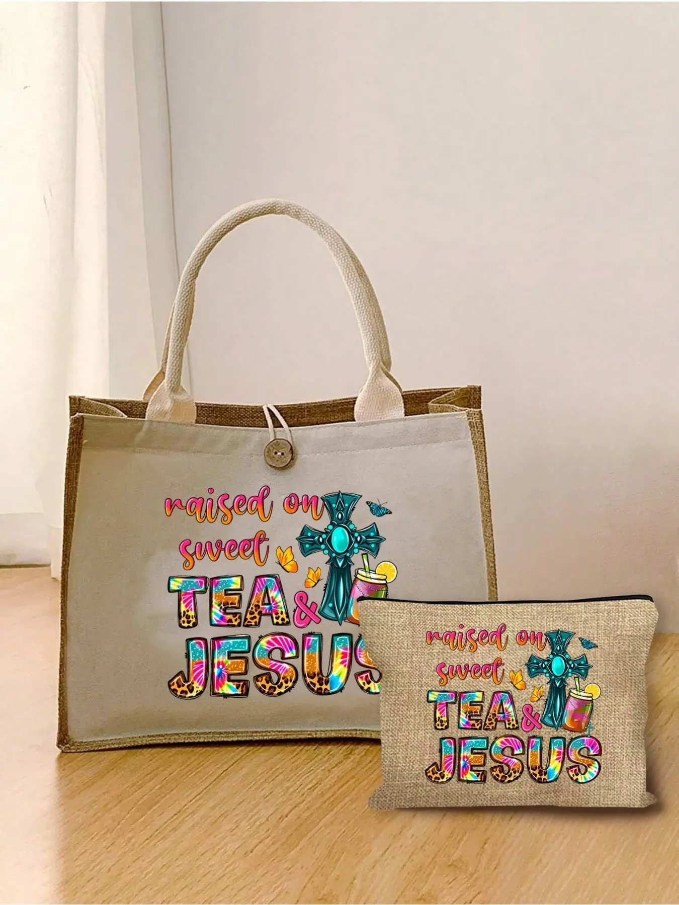 Patchwork Linen Handbag Set, Sweet Tea and Jesus Pattern, Large Capacity Bag, Multi-Functional Beach Bag, Travel Gift for Women