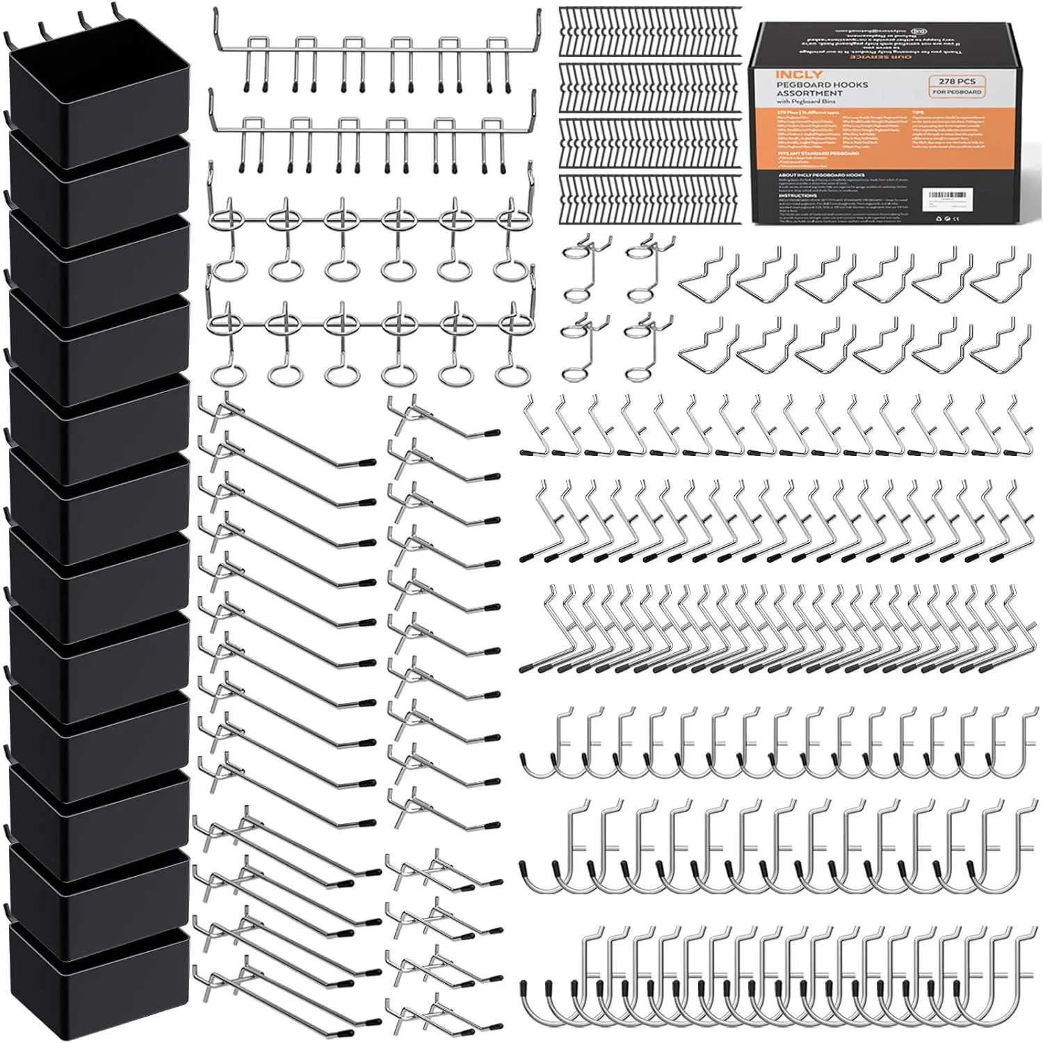 278PCS Pegboard Accessories Organizer Kit, Peg Board Hooks Assortment with Bins  Organizing Various Tools,  1/8 or 1/4 inch Pegboard  Hanging Storage, Garage Wall Attachments