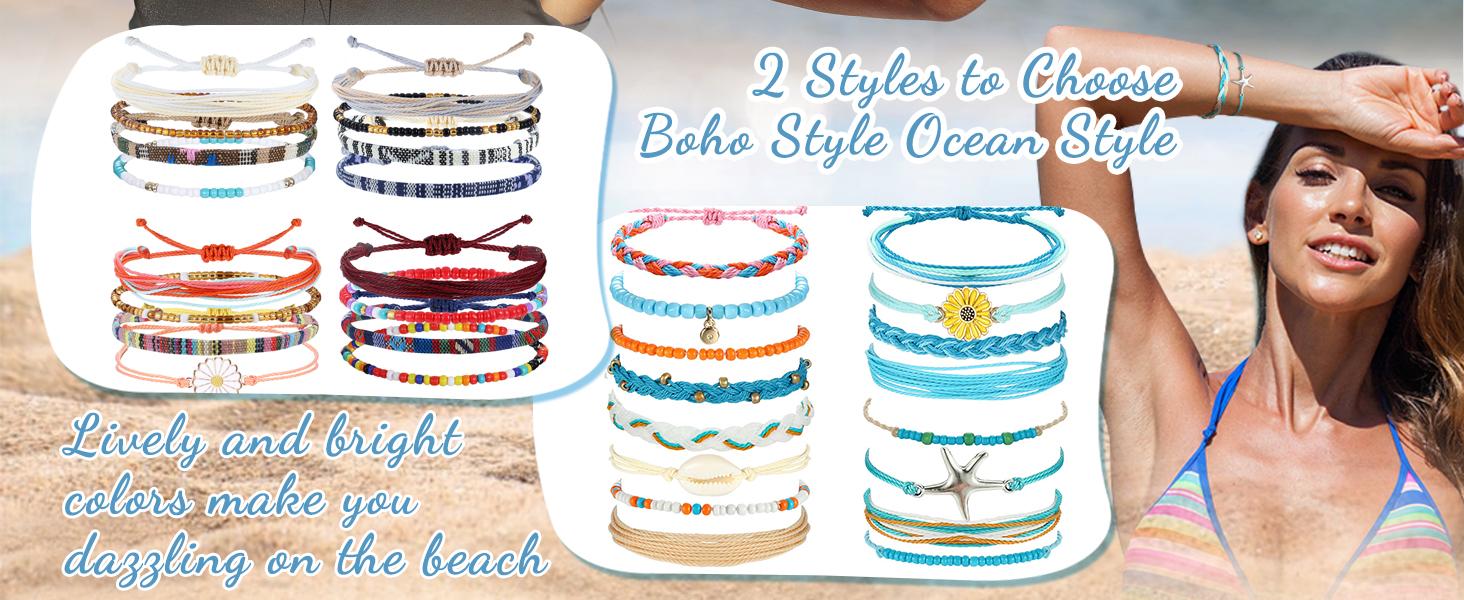 Pieces Waterproof String Bracelets for Women Surfer Wave Boho Bracelet Adjustable Handmade Friendship Bracelet String Ocean Beach Boho Bracelets Anklets for Women