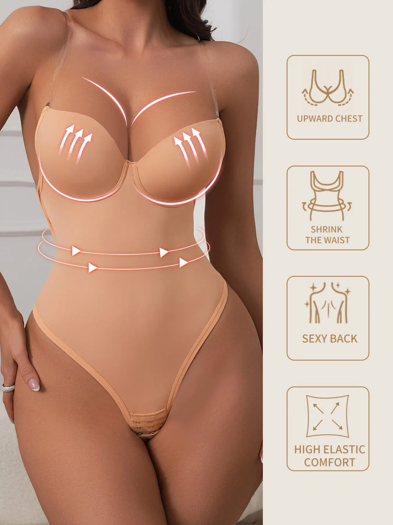 Women's Backless Shapewear, Transparent Adjustable Detachable Straps, Steel Cup Lifted Bust, Perfect for Dates, Parties, Daily Wear