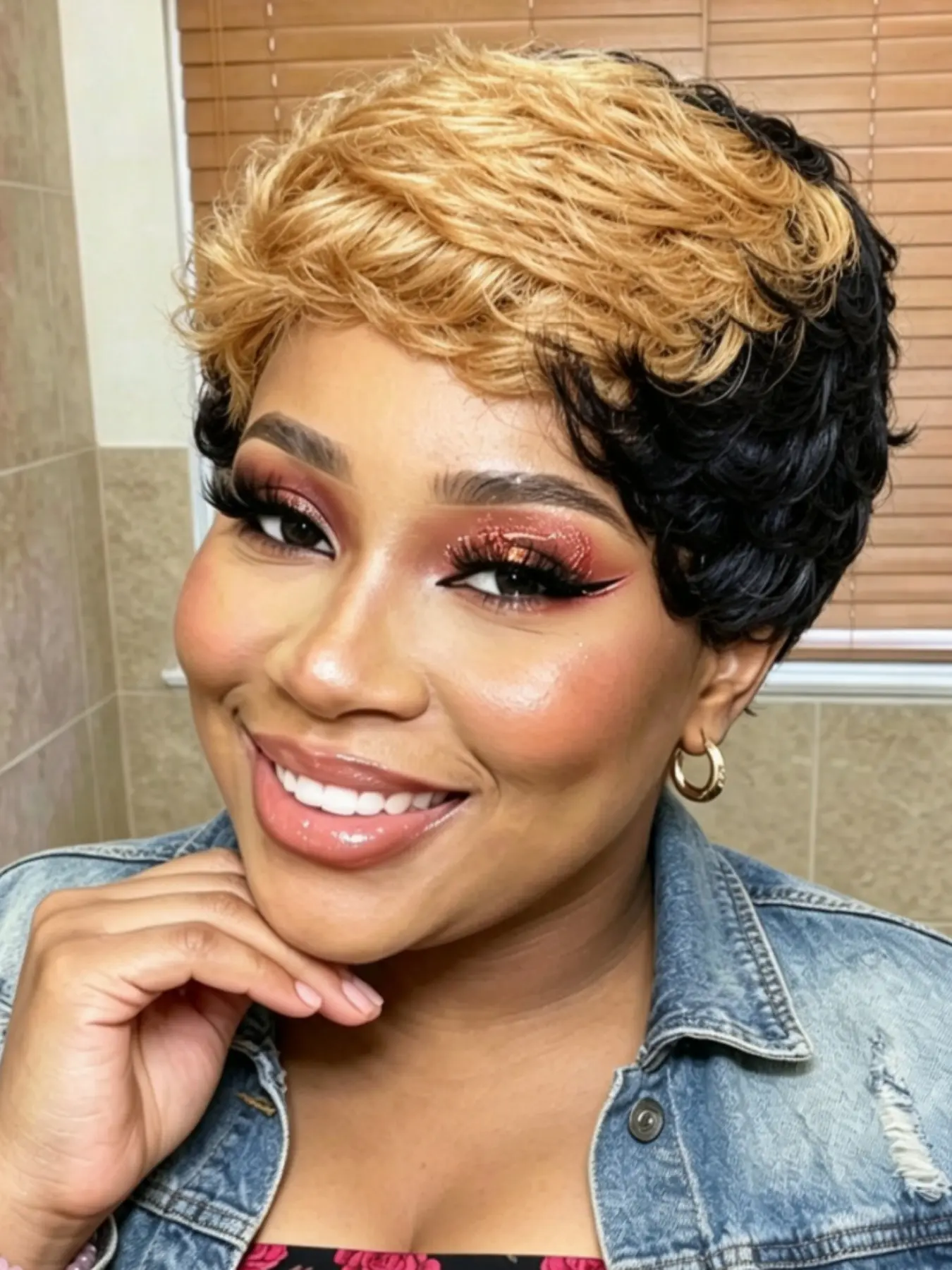 Full Machine Made Human Hair Pixie Wig, Two-Tone Honey Blonde, Short Textured Hair Wigs, Machine Made Short Pixie Cut, Honey Bronde Wig
