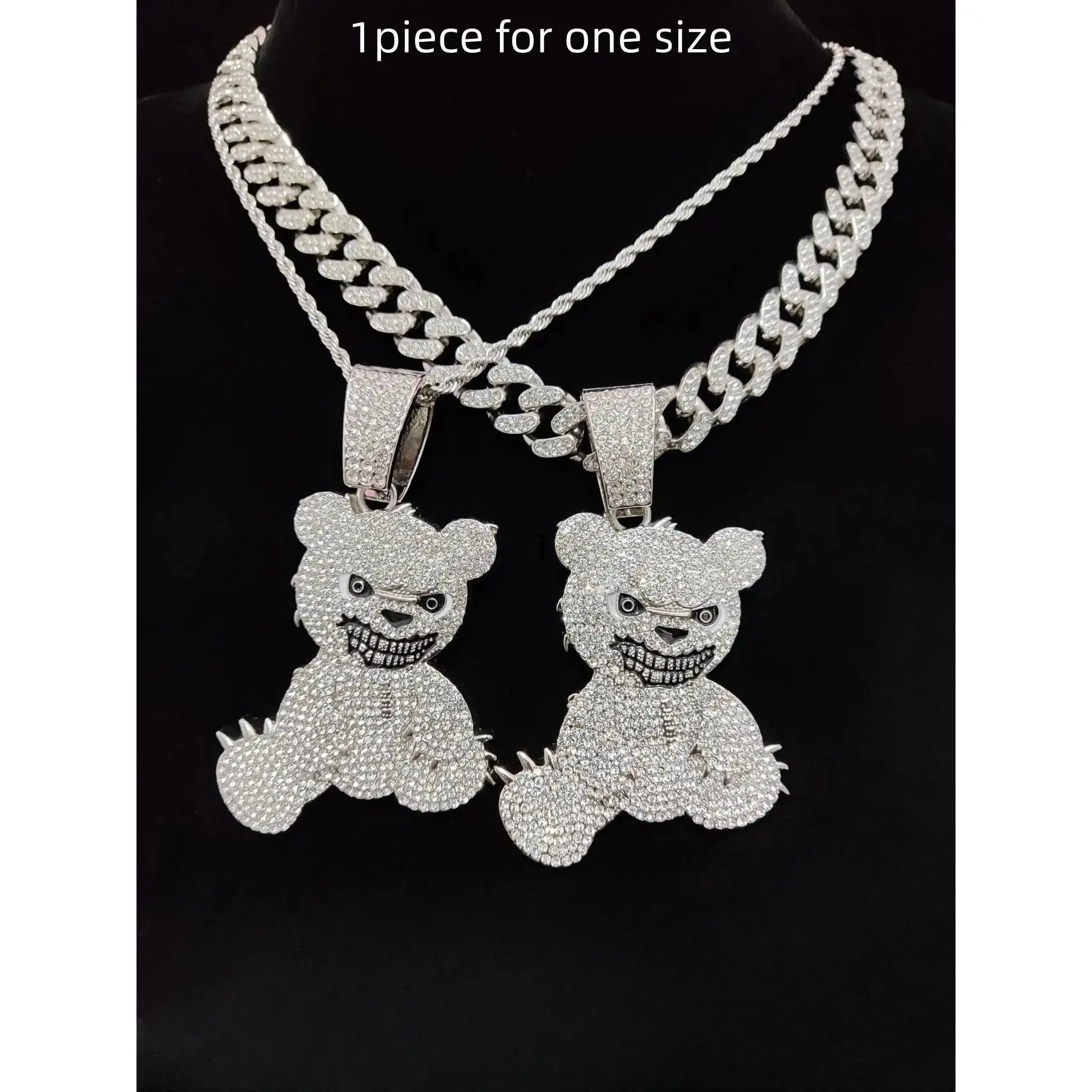 Unisex Punk Style Bear Pendant Necklace, Rhinestone Decor Cuban Chain Necklace, Jewelry for Party, Daily Decor, Bling Accessory, Birthday Gift, Valentine's Day, Cuban Link Chain, Rhinestone Decorated Necklace, Necklaces Men, Statement Necklace