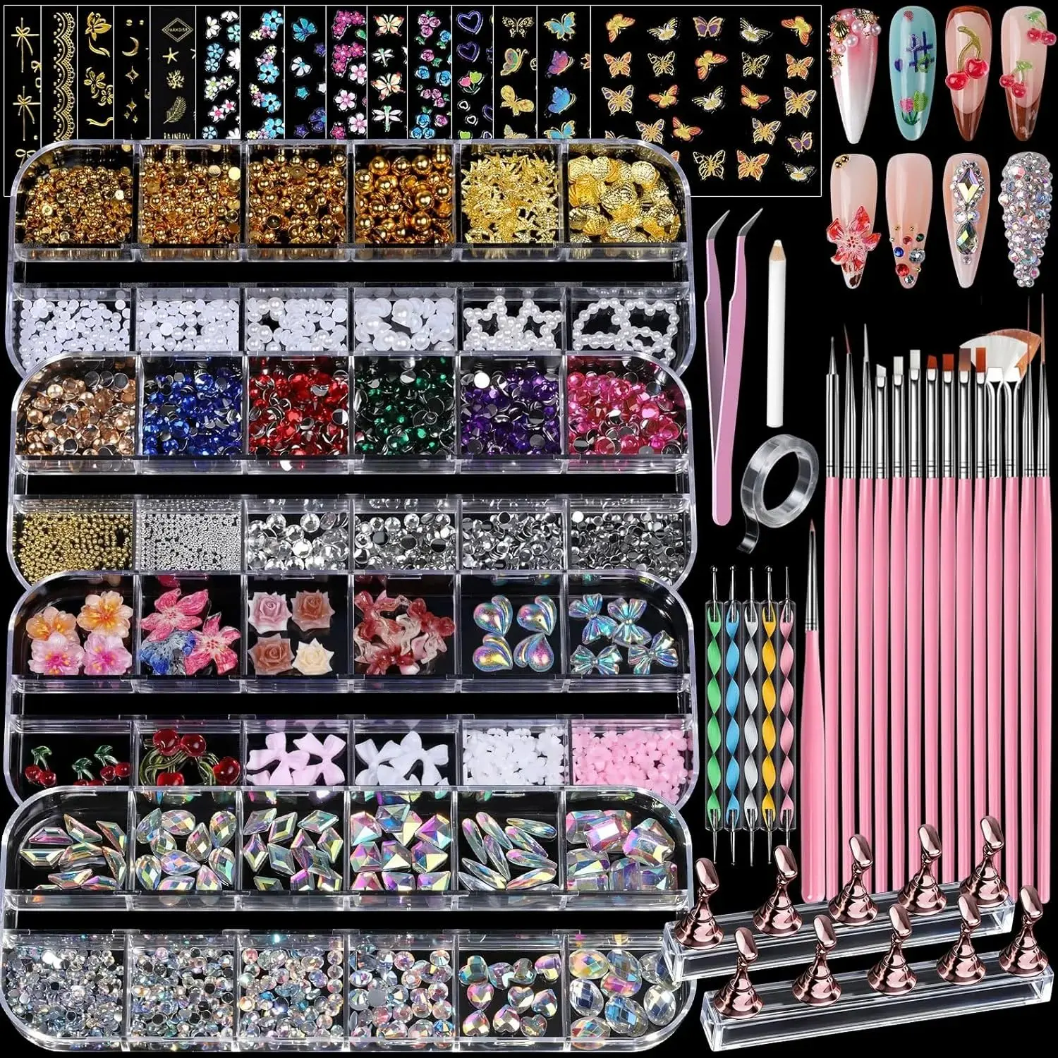 4 Boxes Nail Charms and Gems Set, Nail Rhinestones Nail Kit with Nail Art Brushes Nail Stand, Nail Gems Nail Design Tools with 15pcs Nail Stickers, Gold Nail Pearls for Women Nail Decorations