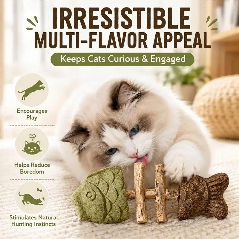 Silvervine Fish-Shape Plastic Cat Chew Sticks, Natural Dental Care Toy, Catnip-Alternative Bite Toy for Teeth Cleaning & Daily Play