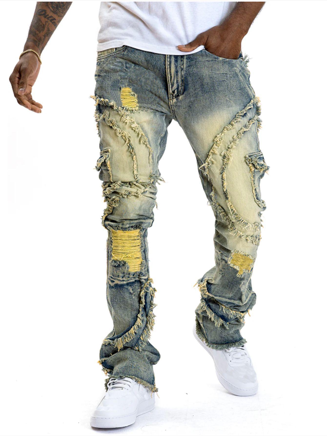 Men's Stacked Flare Jeans Distressed Mid Rise Stacked Flare Distressed Ripped Denim Jeans Frayed Fringe Vintage Wash Stretch Punk High Street Skate Streetwear Casual Daily Festival Wear for Fashion Forward Men Yellow