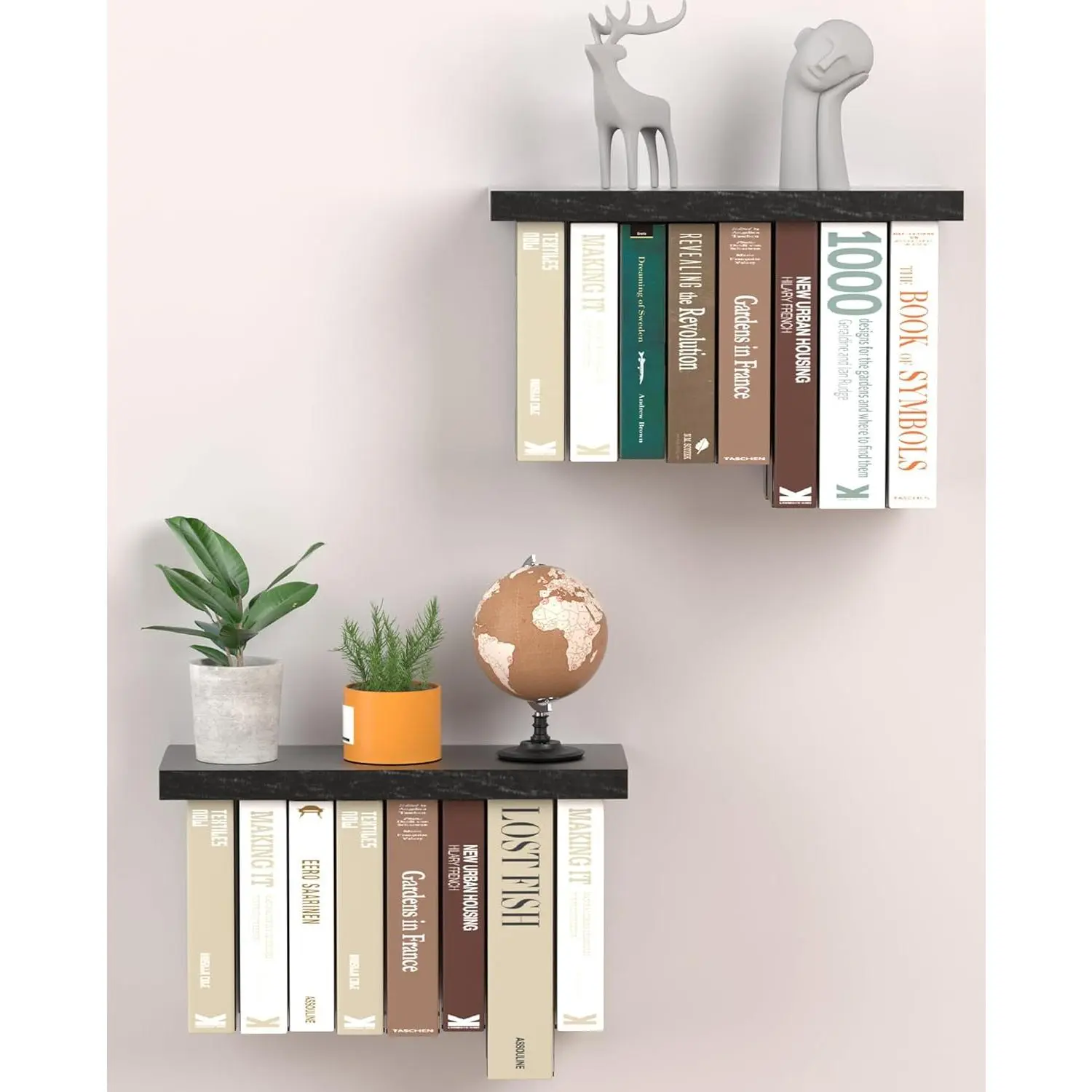 Tohiasen Floating Book Shelves for Wall Mounted Set of 2, Wood Hanging Bookshelf, Book Display Shelf for Wall, Unique Space Saving Book Shelf Wall Book Holder (Black)