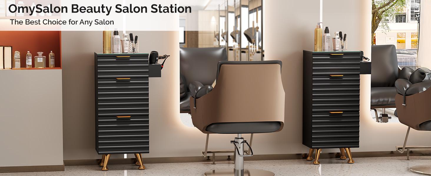 OmySalon Salon Stations for Hair Stylist, Barber Station with Glass Top & Drawers & Hot Tool Holder, Salon Storage Cabinet Hair Organizer Equipment for Beauty Spa Dresser
