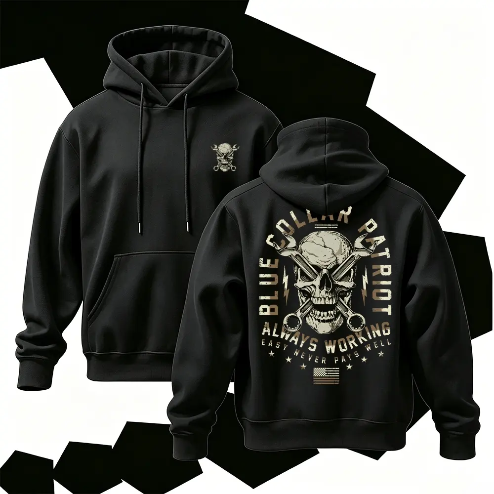 Men's Vintage Skull Hoodie, Blue Collar Graphic Sweatshirt, Workwear Streetwear Pullover
