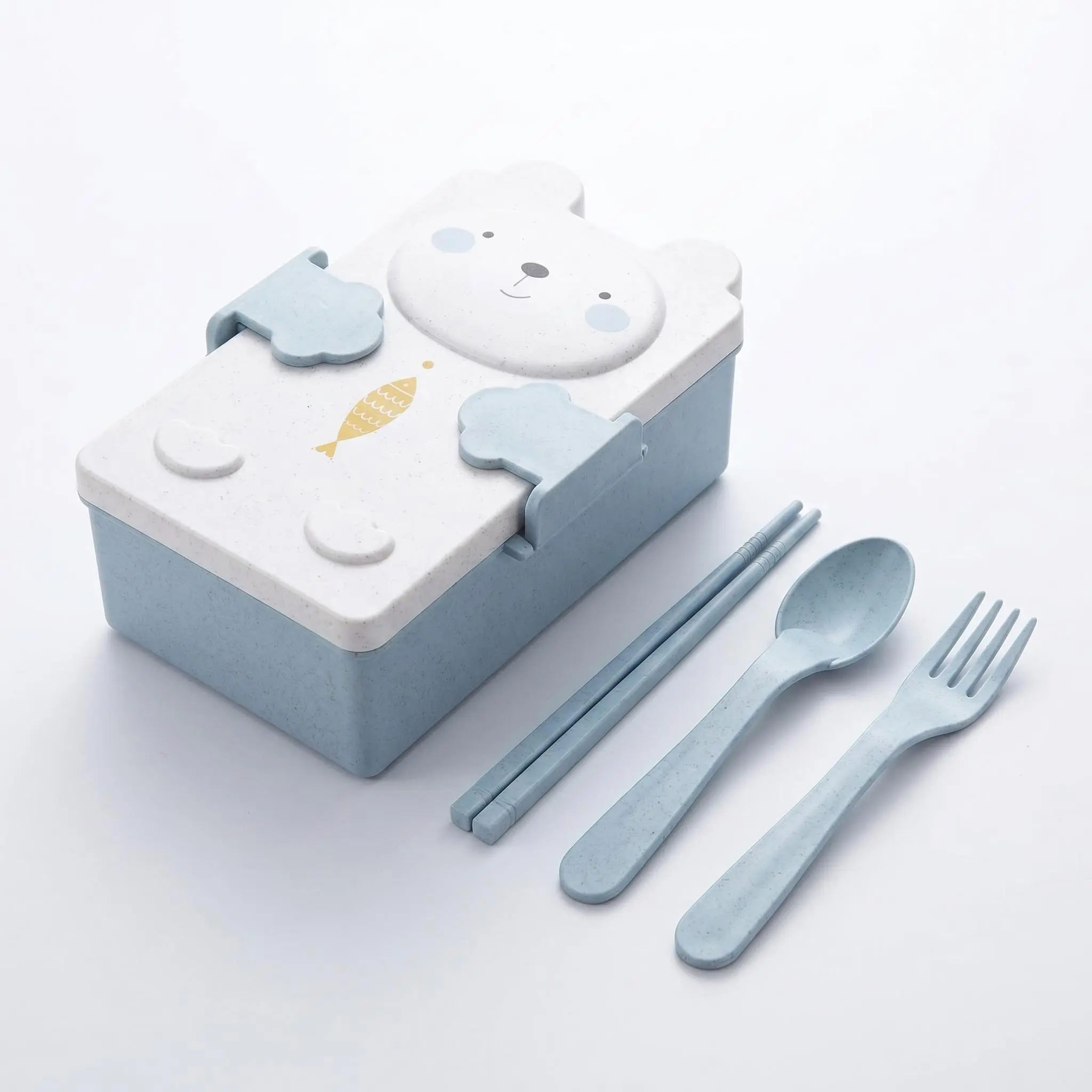 Cute Bear Bento Lunch Box for Kids and Adults, Blue Acrylic Divided Container with Cutlery, Ideal for School, Office, Travel, Picnic, Lunch Box Set