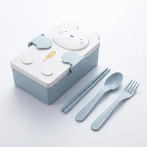 Cute Bear Bento Lunch Box for Kids and Adults, Blue Acrylic Divided Container with Cutlery, Ideal for School, Office, Travel, Picnic, Lunch Box Set