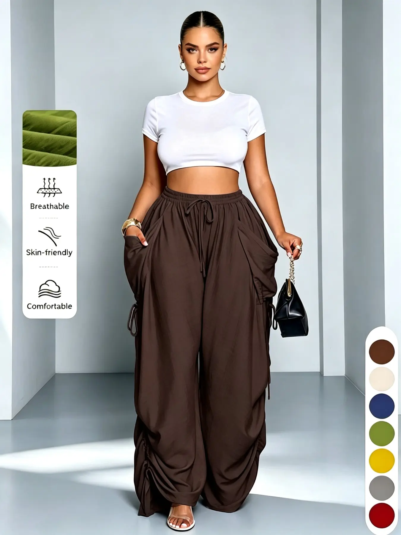 High-Waisted Drawstring Straight-Leg Pants for Women, Fashionable Loose-Fit Trousers, Spring & Fall Casual Wear, Multiple Colors Available
