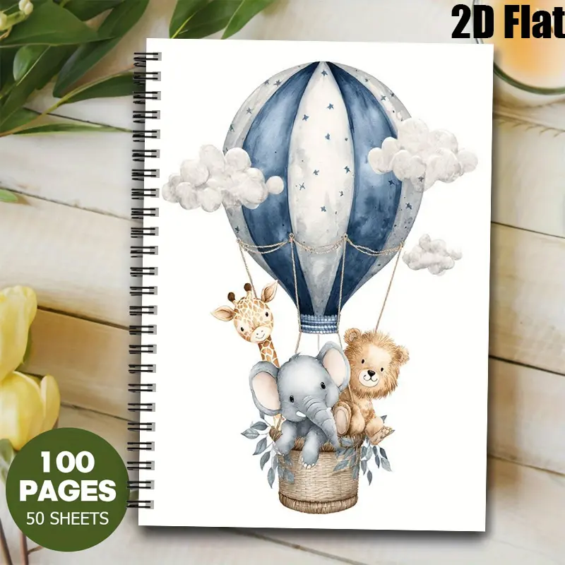 1pc Kids Hot Air Balloon Spiral Coil Notebook 5.7x8.26 Inch, Cute Animal Watercolor Design, Lined Pages for Toddler Daily Journal, Preschool Learning, Birthday Gift, Nursery School Supplies, Travel Sketchbook, Children's Day Present [2D] Flat