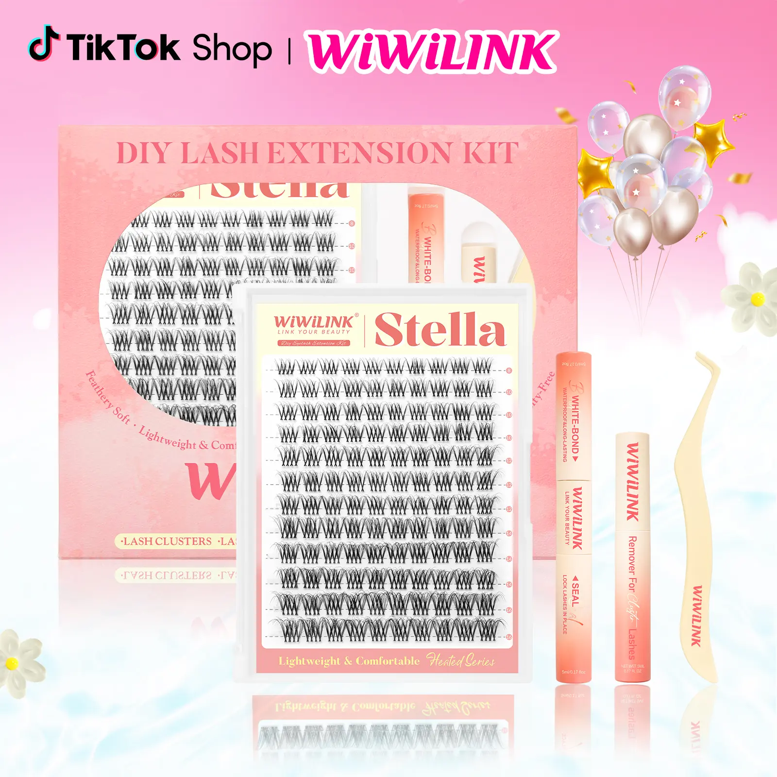 WiWiLINK Stella 3D Cluster Lashes - DIY Lash Extension Kit Ultra-Thin Transparent Bands, C/D Curl, 8-16mm (Includes Bond, Seal & Remover)
