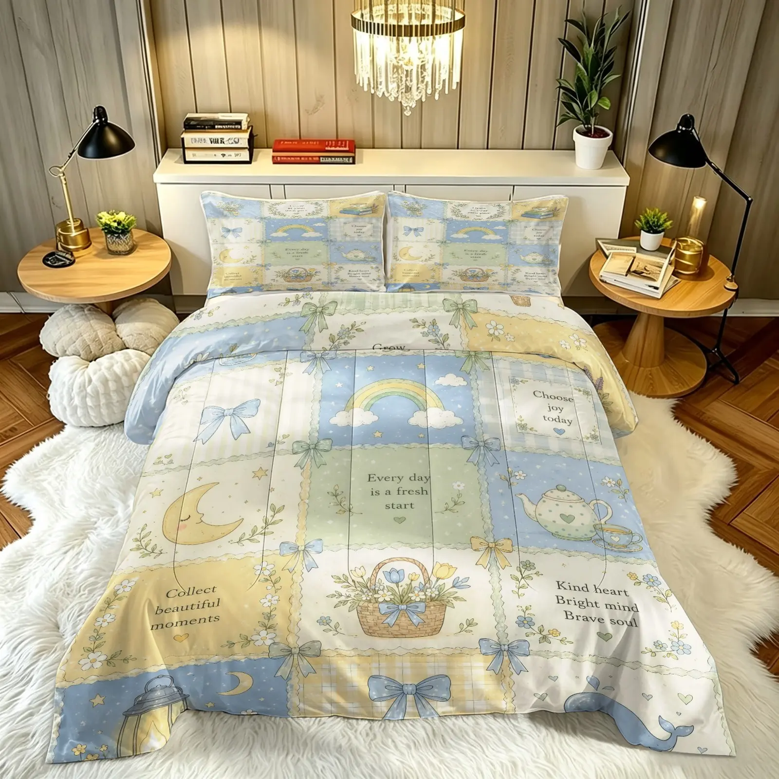 Fresh Patchwork‑Print Comforter Bedding Set, Floral Bedding Sets, Rainbow Moon Bow Floral Pattern, Soft Cozy Home Bedding, Includes 1 Comforter & 1 or 2 Pillowcases (Pillow Inserts Not Included), Great for Bedroom Decor, Holiday Gifts