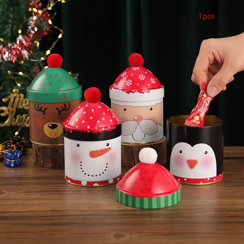 Christmas Candy Jar, Cute Candy Box, Santa Reindeer Snowman Storage Tin, Personalized Christmas Hat Iron Box, Holiday Decorations