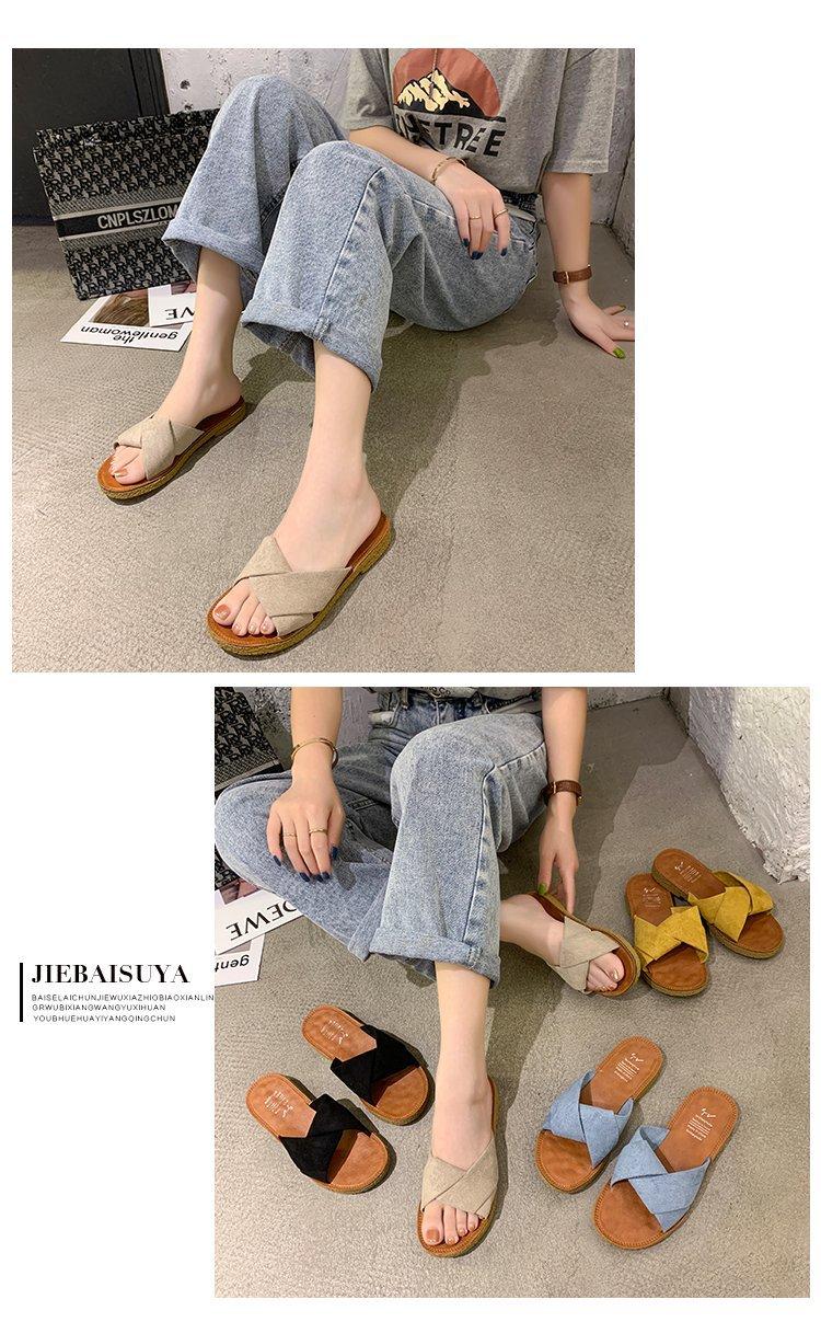 Summer women's sandals for outdoor wear 2026 new model, flat cross-strap suede slippers for women