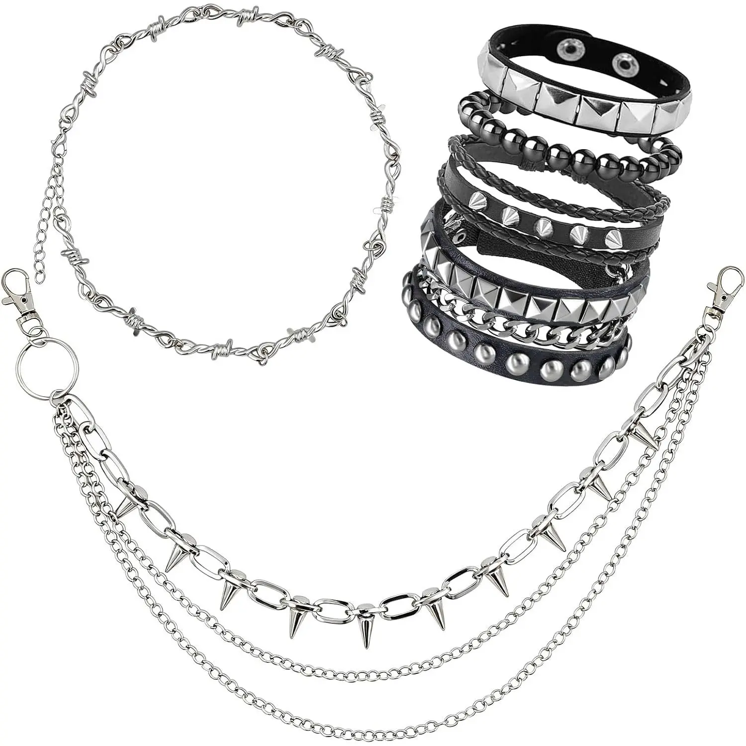 6 count Punk Style  Set with 1 Necklace, 4 Leather Studded Bracelets, 1 Pants Chain for Men Women, Gothic Rocker Grunge Accessories, 80s 90s Outfits