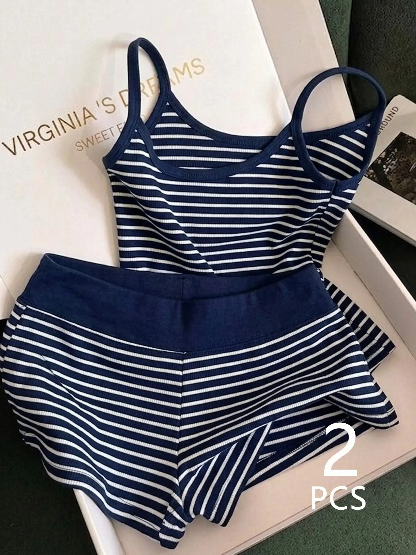 Two Piece sets, Women's 2-Piece Loungewear Set – American Retro Casual Style. Features a fitted navy striped Spaghetti Strap camisole and matching shorts; perfect for summer sleepwear or relaxing at home. Back to school clothes women  cute tops