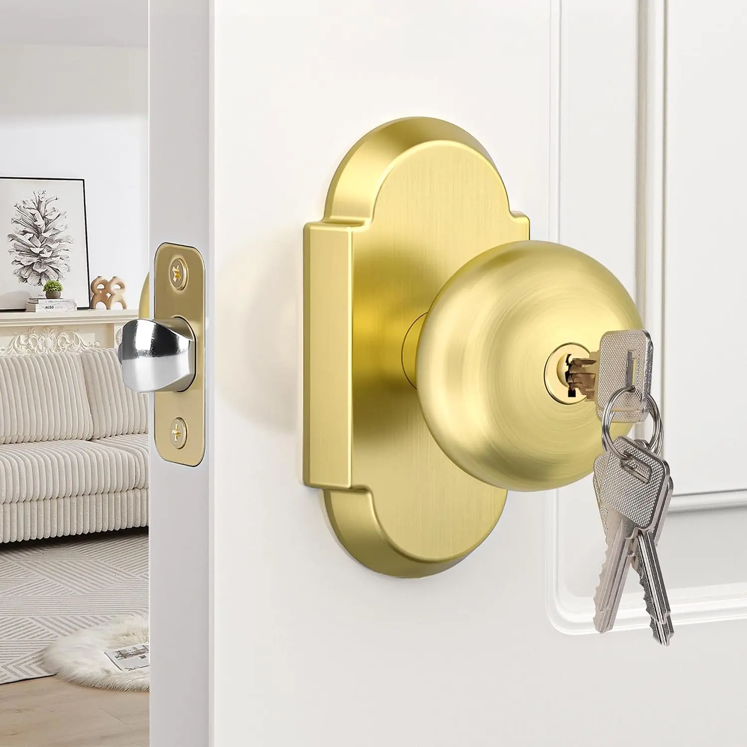Keyed Alike Entry Door Knobs with Lock and Key, Antique Brass Door Knob