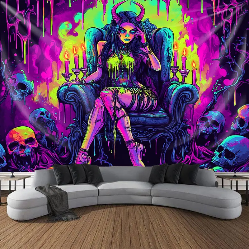 1 Piece UV Reactive Psychedelic Demon Goddess Glow-in-the-Dark Cotton Tapestry - Extra-Large Custom Print Wall Hanging Decor, Spooky Skeleton Themed Wall Banner, Home Decor Accessory for Party Fans
