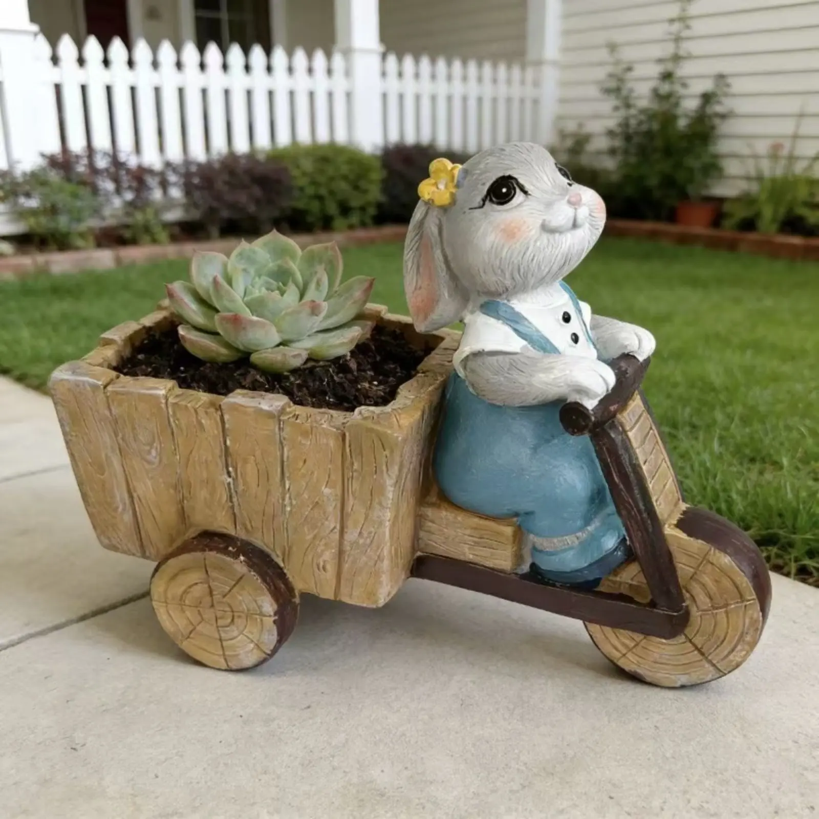 Cartoon Rabbit Planter Pot Garden Decor Resin Bunny Riding Bike Trolley Succulent Flower Pot Wood Grain Wheel Cute Animal Bike Cart Plant Holder Statue Whimsical Bunny Sculpture Planter For Patio Yard Indoor Desktop Greenery Hand-painted Weather Resistant