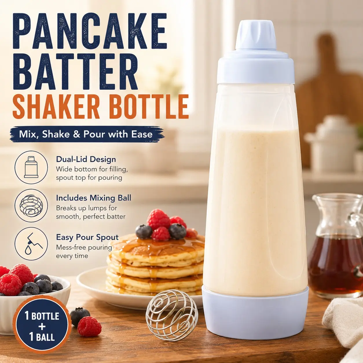Hand Crank Pancake Batter Mixer Bottle, Measuring Pancake Dispenser Cup, Cream Cake Mix Shaker, Kitchen Baking Tool, Essential for Lazy Cooks