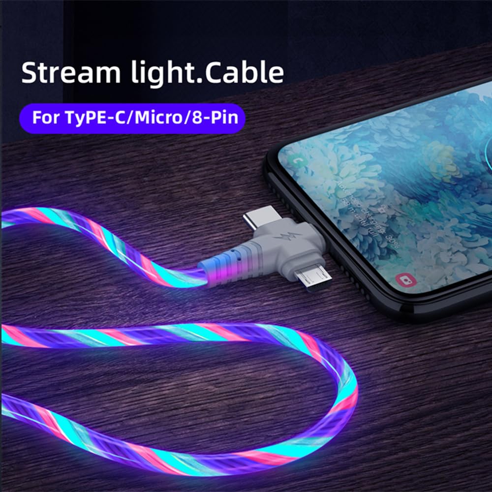 Multi Ports Light-Up USB Cable USBA to USBC/MicroUSB Cable Durable Fast Charging Cable with Visible Current Flow As Night Light Use-3in1 Colorful