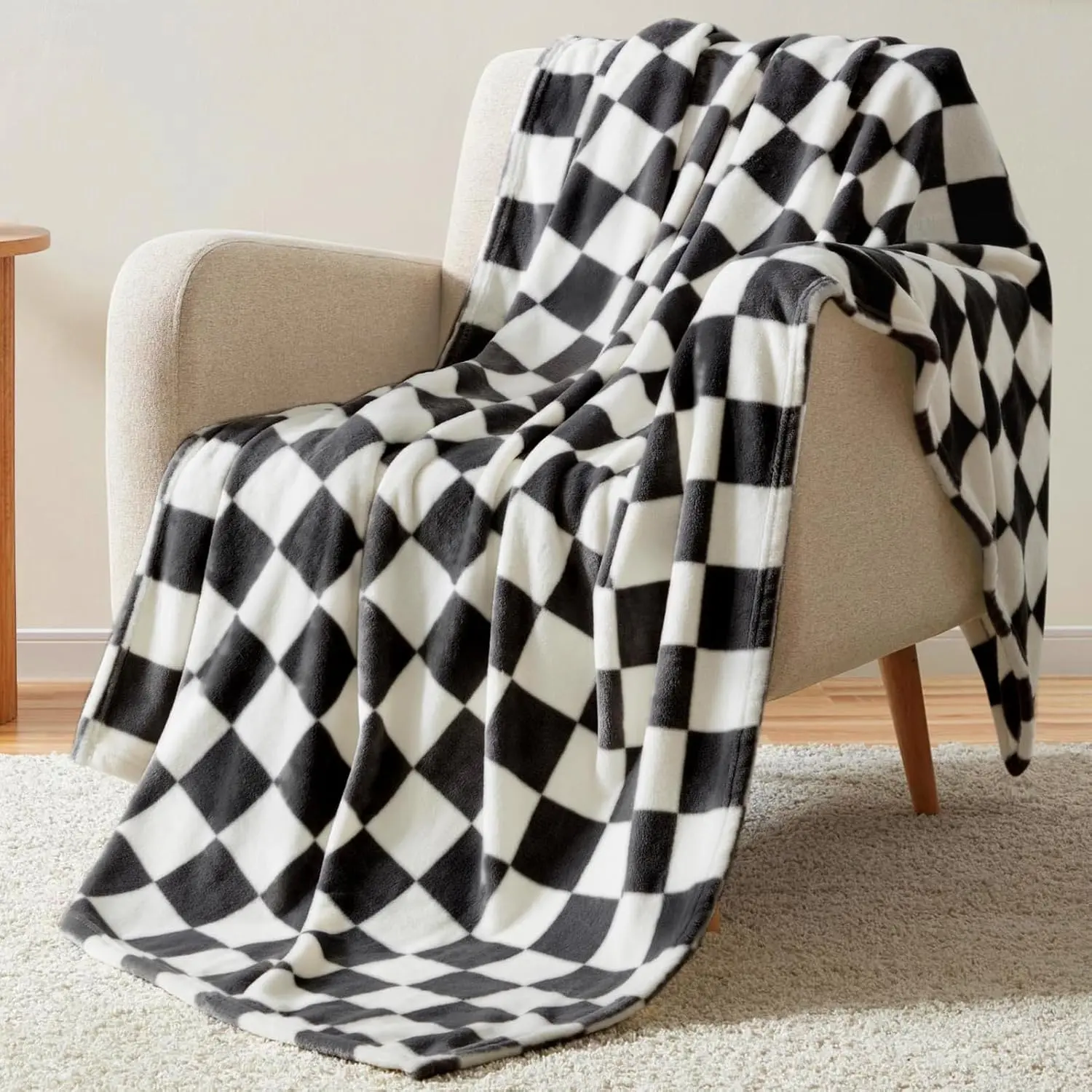 Black Checkered Synthetic Stretchy Blanket - Soft Fleece, Fuzzy Plush, Warm Lightweight for Couch & Bed (50x60IN, 60x80IN)