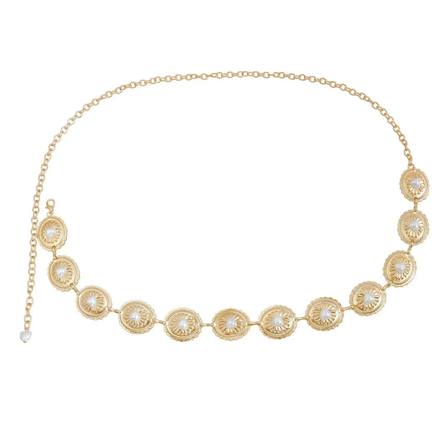 Women's Boho Fashion Waist Belt, Gold-Tone Statement Chain with Imitation Pearl Oval Links and Love Charm, Fashion Belts, Boho Style Belt