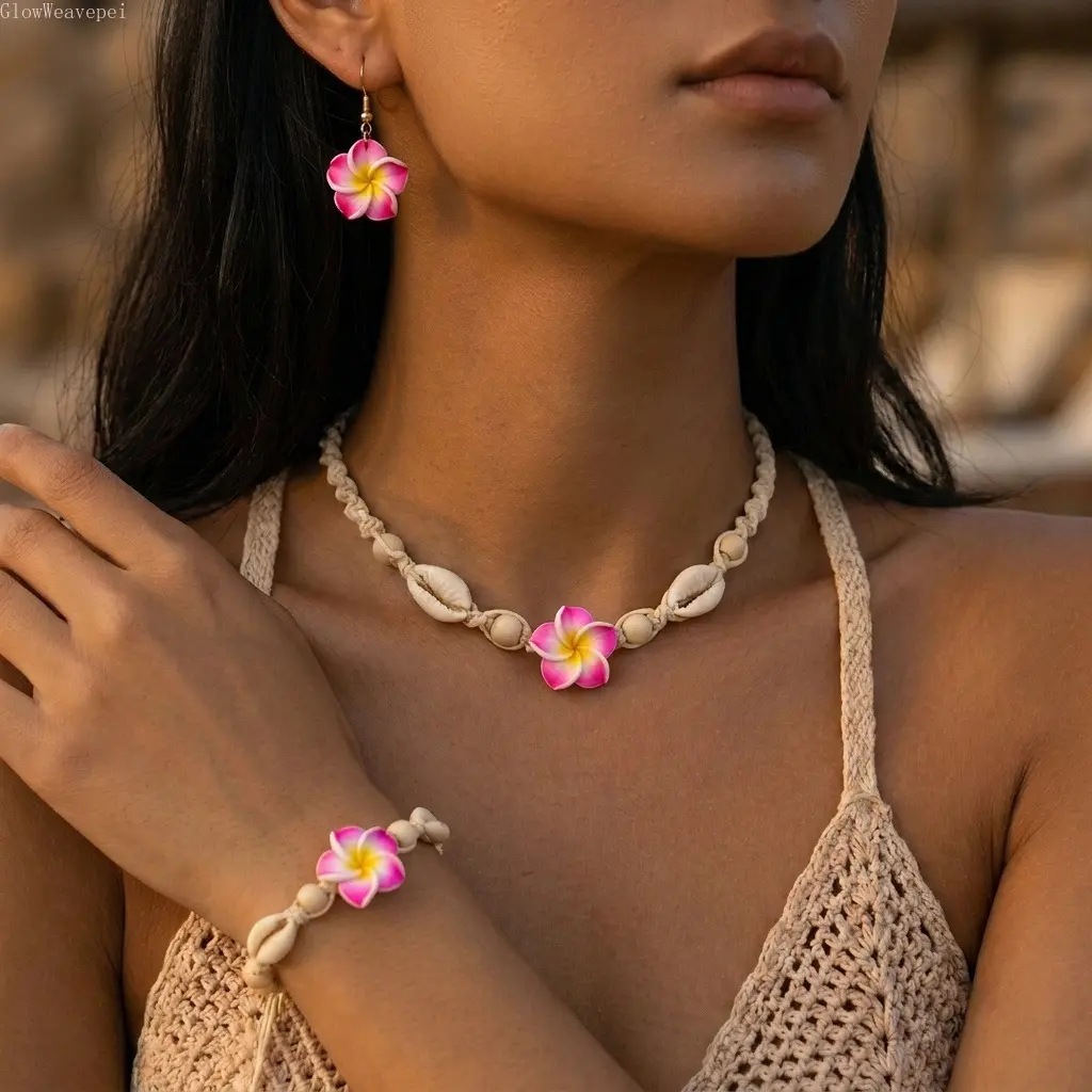 2 PCS Boho Plumeria Flower Jewelry Set For Women Handmade Macrame Cowrie Shell Necklace Tropical Hawaiian Luau Beach Vacation Outfits Accessories