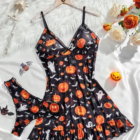 Women's Sexy Halloween Camisole Dress, Fitted Patterned Sleepwear, All Seasons Ladies' Nightgown, Perfect Christmas Gift, Fitted Sleeveless Nightdress