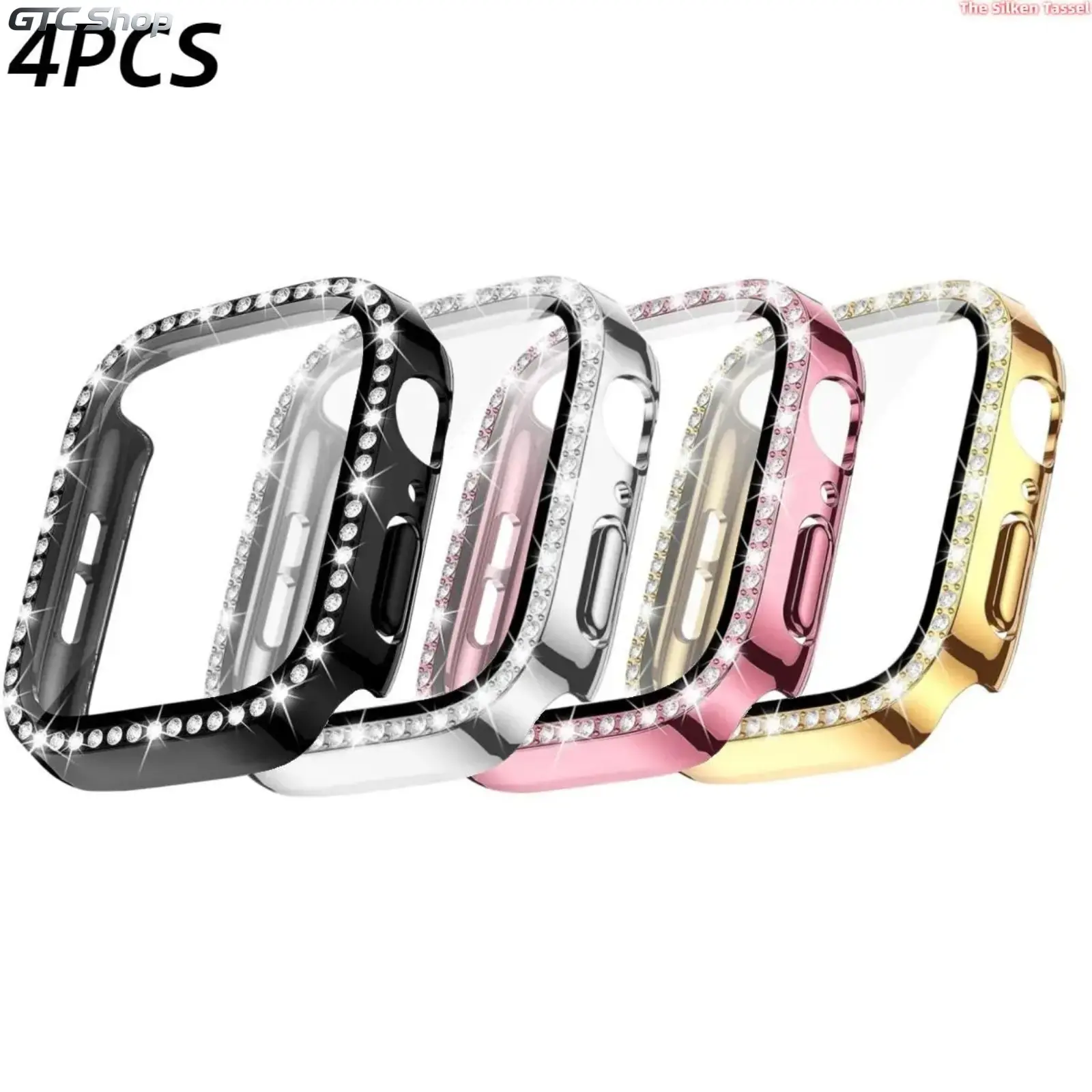 4PCS Single Row Bling Rhinestone Inlaid Hard PC Case With Built-In Tempered Glass, 2 In 1 All In One Protective Bumper Cover Compatible With Apple Watch Series 1 2 3 4 5 6 7 8 9 10 11 SE Ultra, 38/40/41/42/44/45/49mm All Sizes (Watch Not Included)