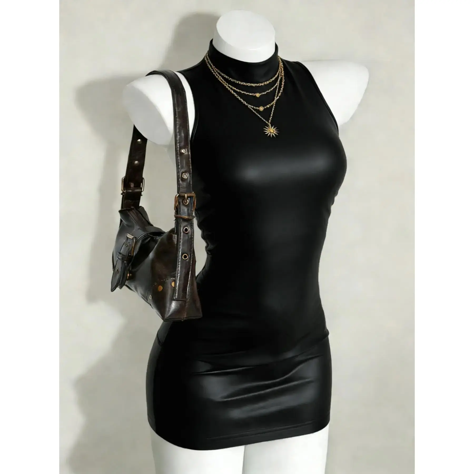Women's Hug-Fitting Leather Bodycon Mini Dress - Sleeveless, High Neck, Short Hem, Durable, Glamorous for Formal Parties