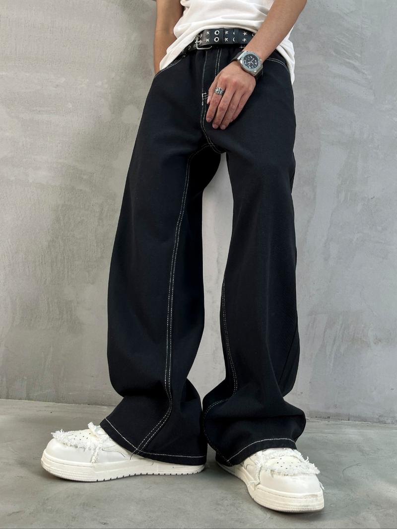 Men's Solid Color Loose Straight Leg Jeans, Casual Comfy Denim Jeans for Daily Wear, Woven Bottoms for All Seasons Pants, Dark Wash Cuffed