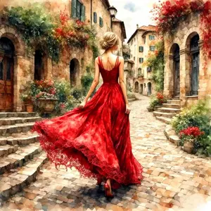 5D Diamond Painting Woman in Red Dress DIY Full Drill Diamond Art Kit Romantic European Village Street Landscape Wall Decor Mediterranean Town Artwork Feminine Aesthetic Travel Lover Home Decoration Handmade Craft Gift for Women