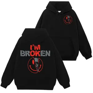 2 Sides Print I'm Broken Shirt, Horror Smile Face Hoodie, Broken Heart Graphic Sweatshirt, Unisex Casual Pullover Tee for Men Women Daily Streetwear