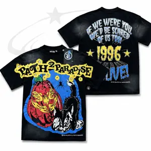 Hellstar Path 2 Paradise T-Shirt, Vintage Halloween Cat Double Sided Graphic Printed Heavy Cotton Loose Tee for Men Women, Unisex 96 Alive Casual Hip Hop Top, Trendy Washed Black Summer Streetwear