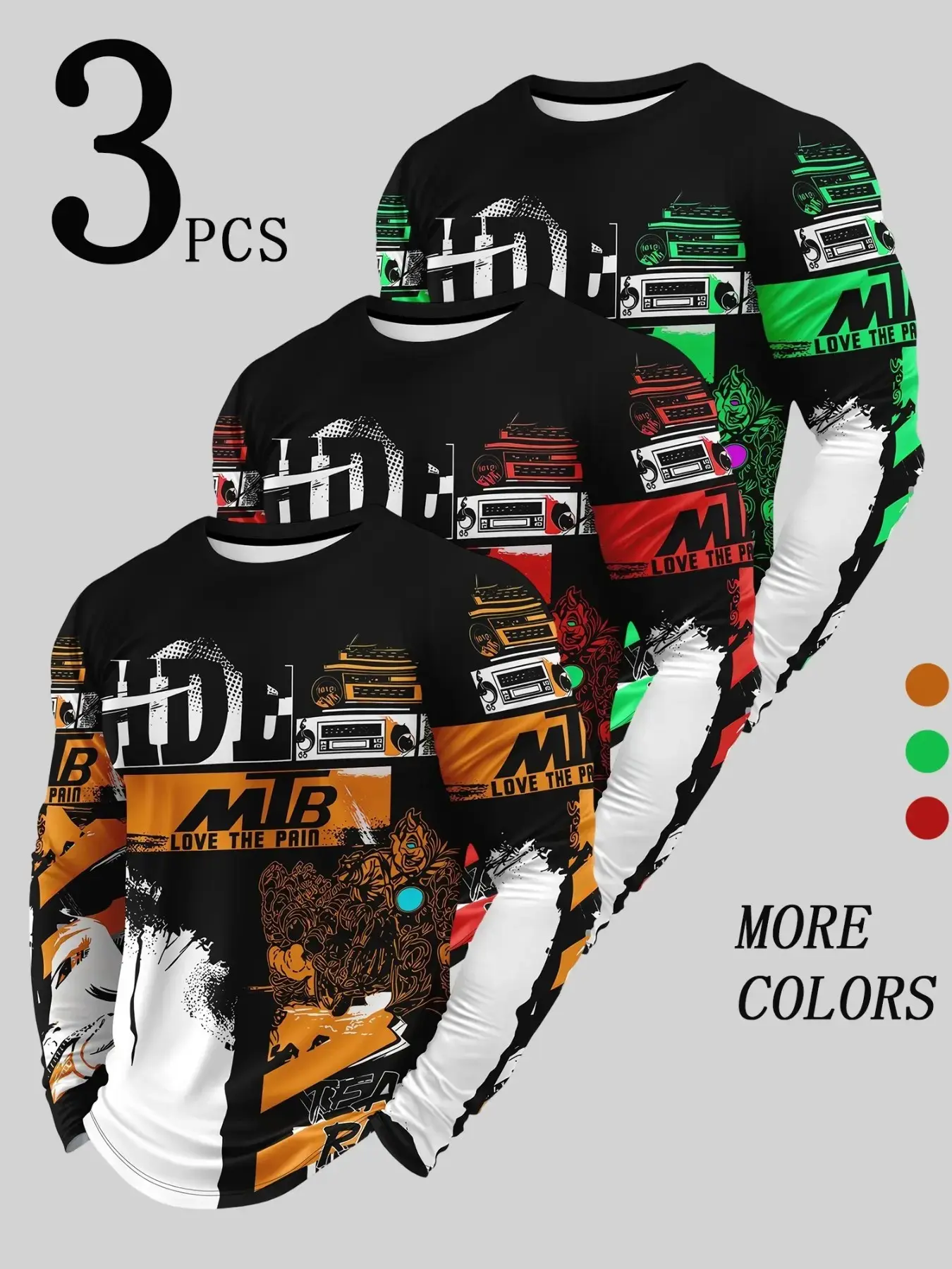 3-Pack Men's Round Neck Long Sleeve T-Shirts, Salmon Camo Print, Outdoor Fishing, Casual Multi-Color Set, Sporty Loose Fit