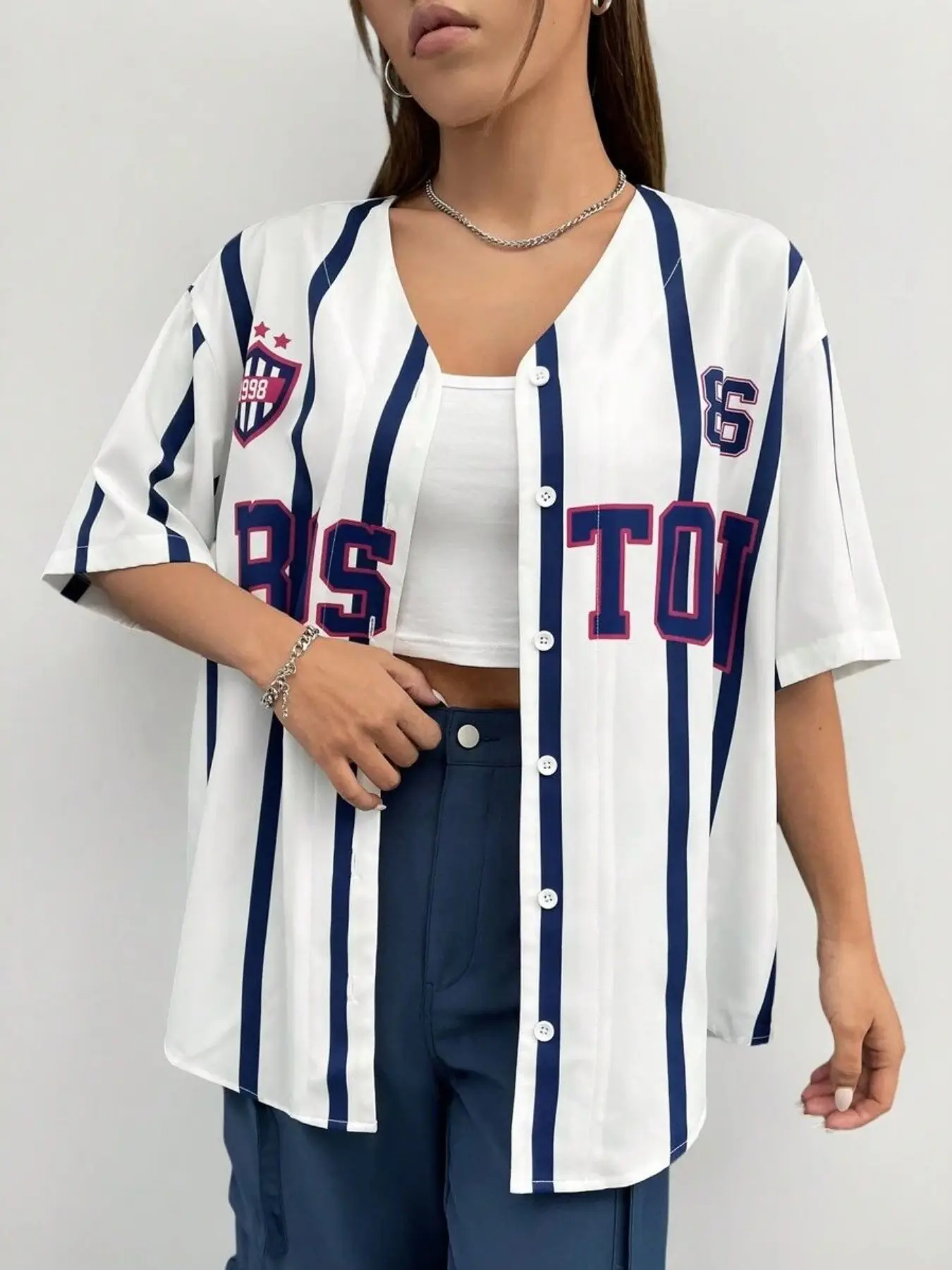 Women's Boston Striped Baseball Jersey, Button Short Sleeve Shirt, 86 Letter Print, Loose Fit, Vintage Street Style Top