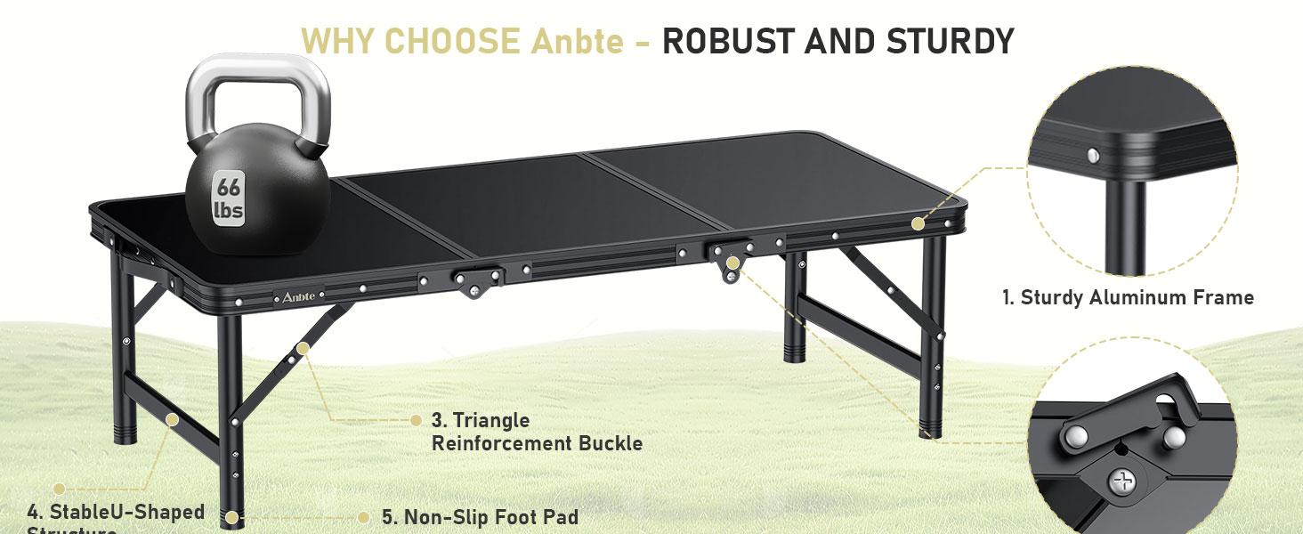 Anbte 3ft Tri-fold Camping Table Max 29.5", 3 Adjustable Heights Aluminum Folding Camping Table with Storage Bag, Lightweight, Portable Handle for Travel Outdoor Beach Picnic, 35" x 16", Black