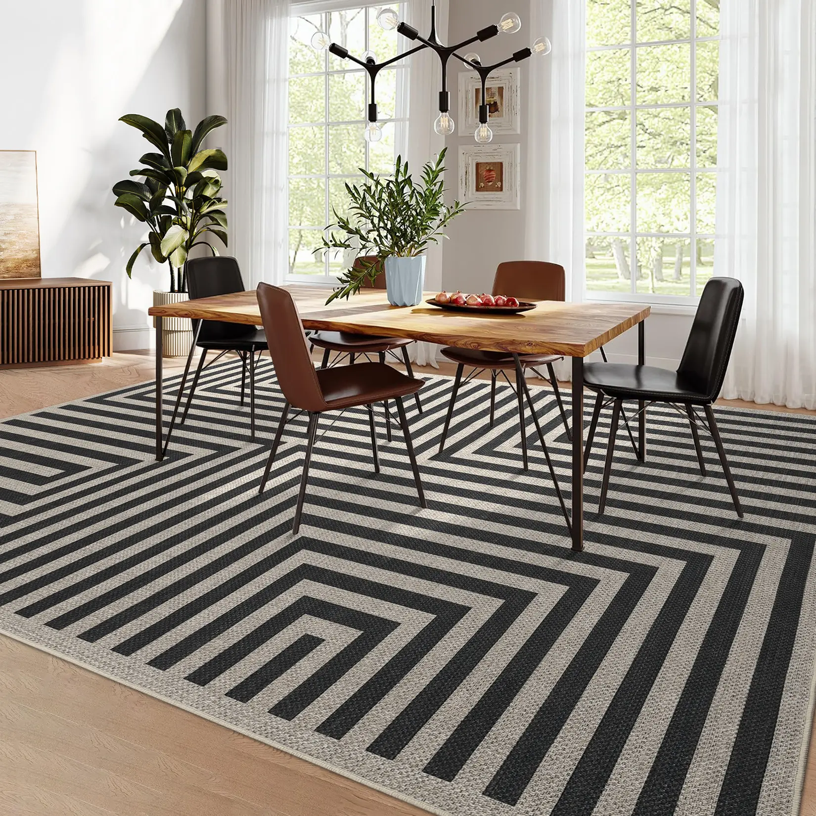 Modern Geometric Lines Washable Rug, Low Pile Soft Carpet Abstract Accent Carpet, Indoor Foldable Rug Carpet