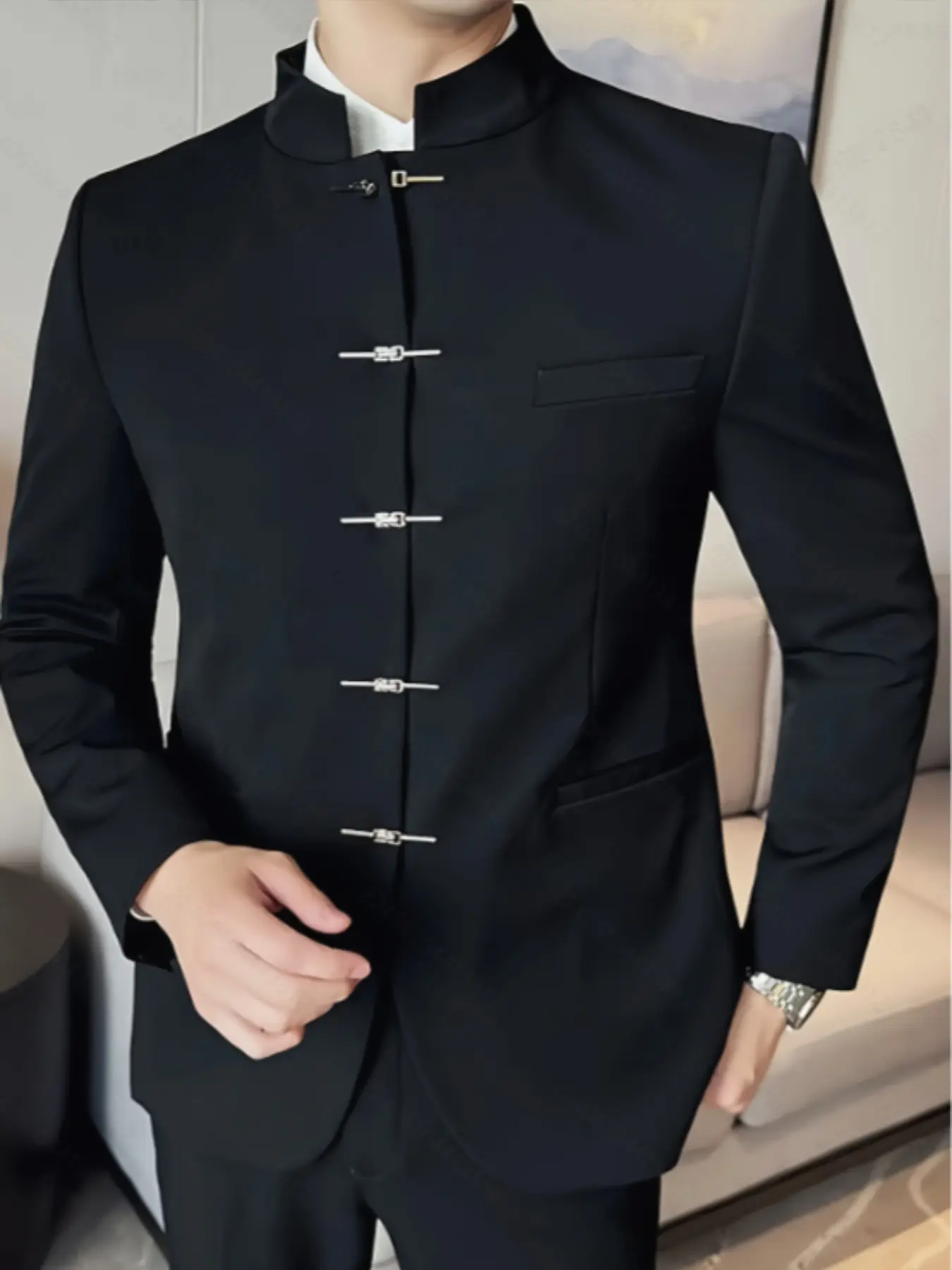 Ainwear Plus Size Men's Chinese Style Blazer, Metal Frog Button Suit Jacket, Retro Mandarin Collar, Loose-Fit, All Seasons Casual Outerwear