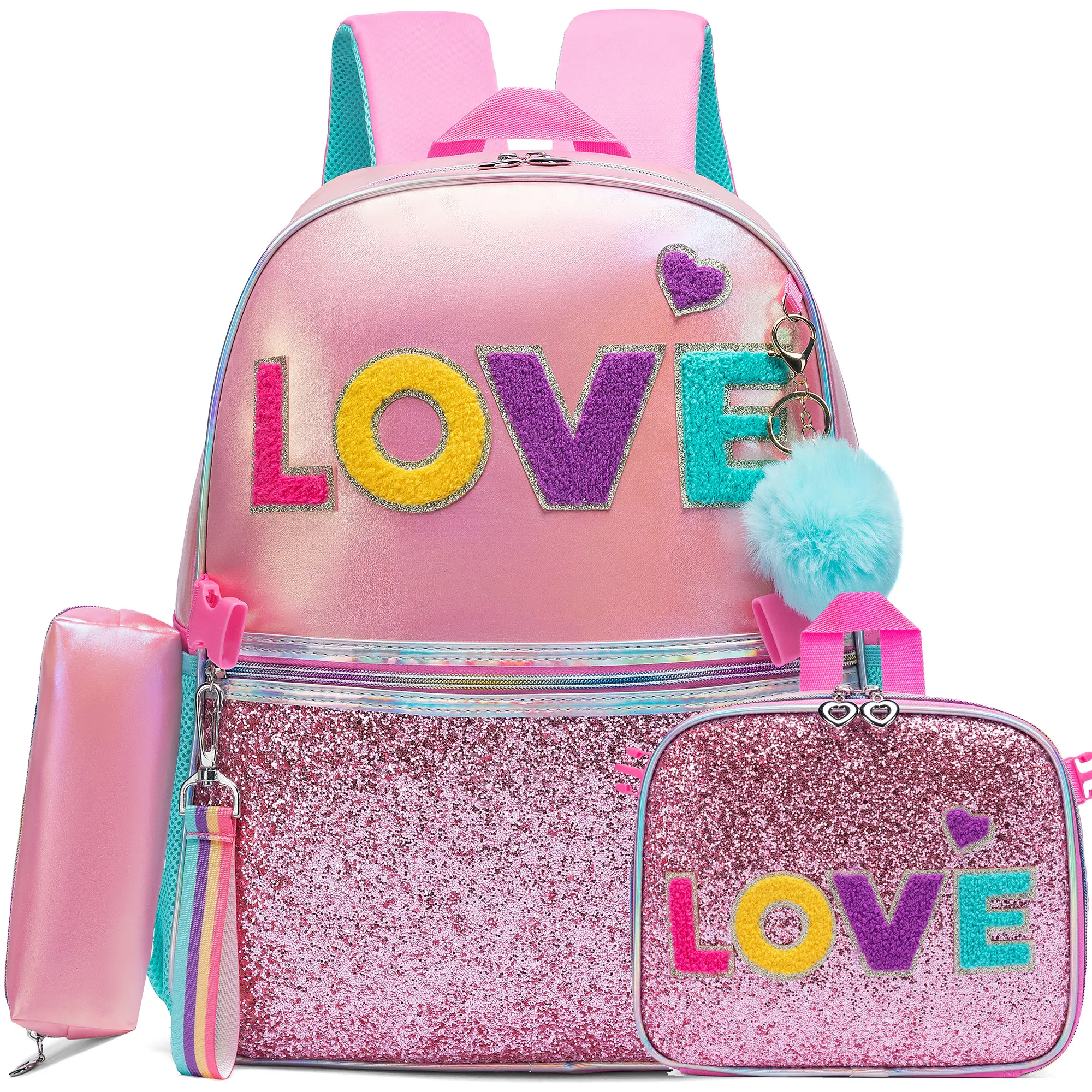 Girls' Preppy 3-Piece Polyester Metallic Pink Back to School Backpack Set - Multi-Use Shimmering Glitter Bookbag with Chenille Varsity LOVE Letter Patch, Lunch Box, Pencil Case, Kawaii Holographic Kids Backpack