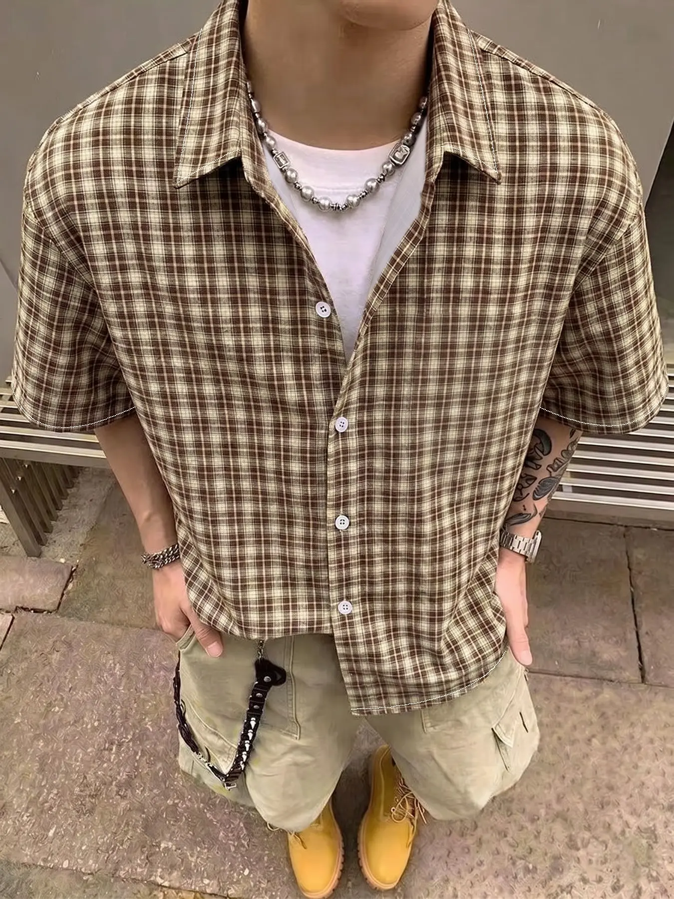 Men's Plaid Short Sleeve Casual Shirt, Loose Fit Relaxed Fit Drop Shoulder Open Front, Lightweight Breathable Summer Top, Streetwear, Daily Wear, Vacation