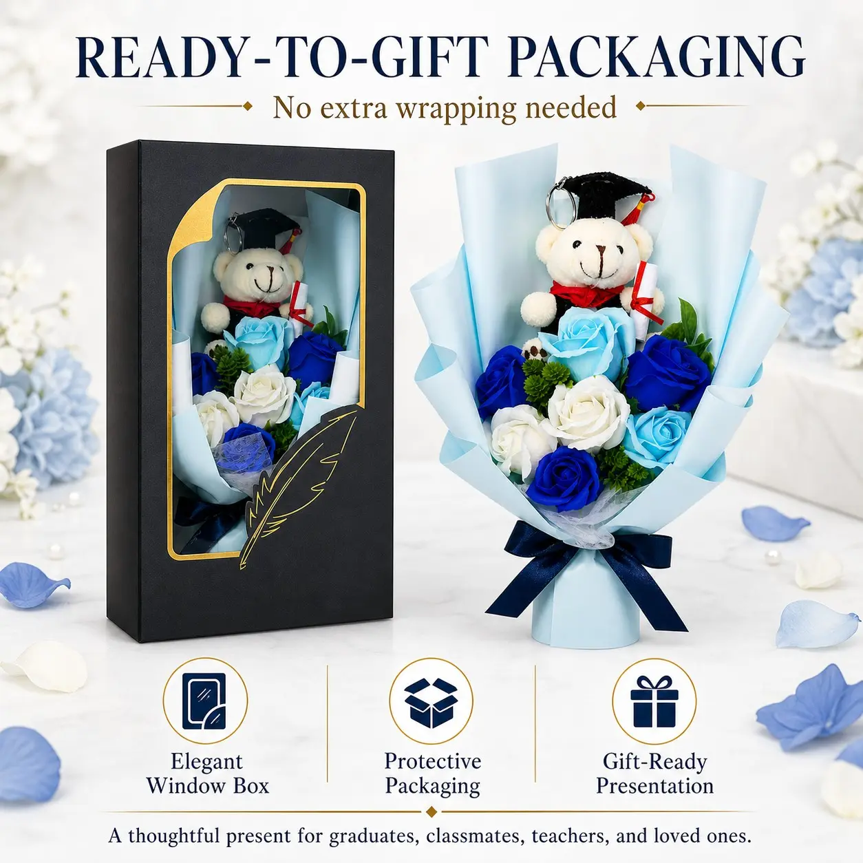 Blue Rose Graduation Teddy Bear Bouquet in Gift Box, Forever Artificial Flower Arrangement with Grad Cap Bear, No-Wilt Keepsake Gift for Graduates, Ready-to-Gift Present for Her/Him, Graduation Bear Gifts, 1pc