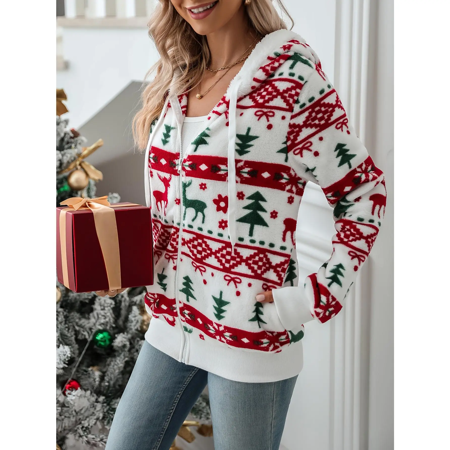 New Autumn-Winter/Christmas Print Plush Cardigan/Long Sleeve/Holiday Style for Daily Wear