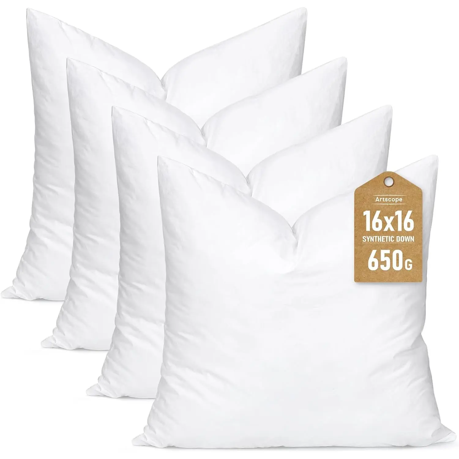 Synthetic Down Pillow Insert, 16x16 Down Alternative Throw Pillow Insert.Soft Sleeping Pillow with 100% Cotton Cover, Decorative Pillows Set of 4-White.