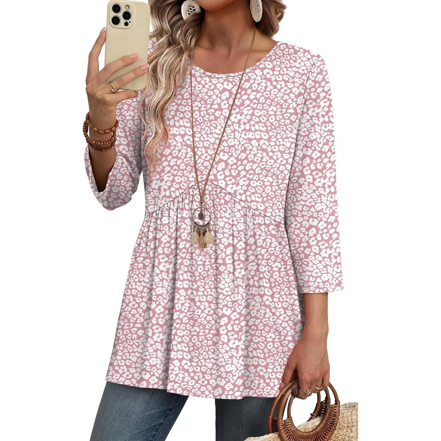 Women's 3/4 Sleeve Breathable Peplum Babydoll Blouse - Loose Fit Tunic Top, Maternity-Friendly Crew Neck, Dressy Casual Spring Fashion, Hand Wash Only Blouses & Shirts, Party Wear