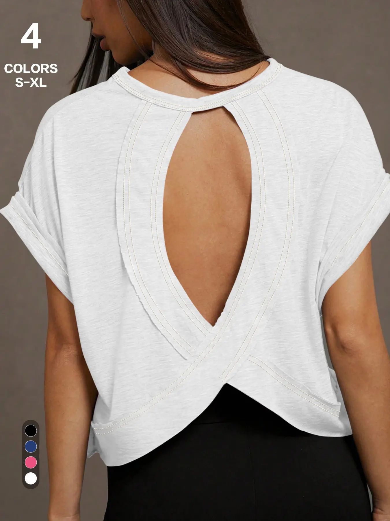 Women Summer Casual Basic Relaxed Fit Loungewear T-Shirt, Crew Neck Short Sleeve, Open Back Cutout, Soft Breathable, Sizes S-Xl, 4 Colors